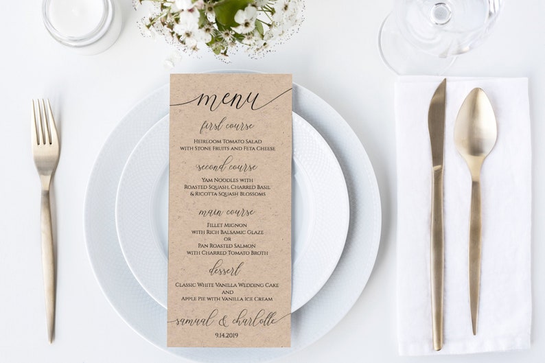 Wedding Table Menu Cards, Event Table Decor, Elegant Calligraphy, Dinner Menu Printable Editable Template PPW0560 image 1