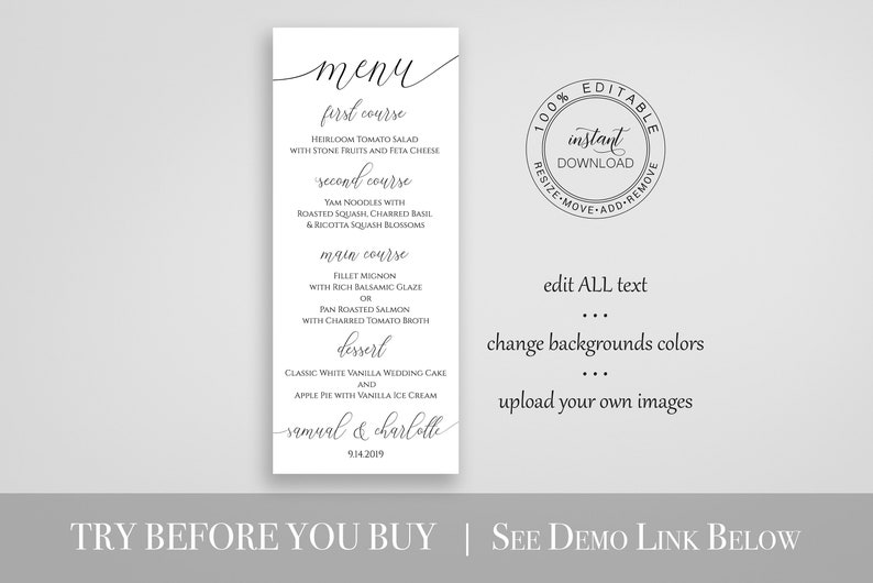 Wedding Table Menu Cards, Event Table Decor, Elegant Calligraphy, Dinner Menu Printable Editable Template PPW0560 image 3