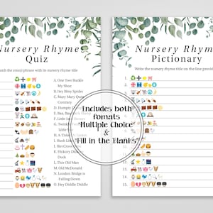 Emoji Nursery Rhyme Quiz Greenery Eucalyptus Baby Shower Game Green Foliage Gender Neutral Theme Printable Game PPB0440 image 4