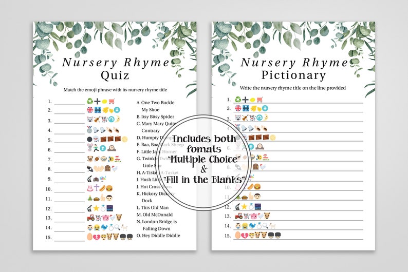 Emoji Nursery Rhyme Quiz Greenery Eucalyptus Baby Shower Game Green Foliage Gender Neutral Theme Printable Game PPB0440 image 4