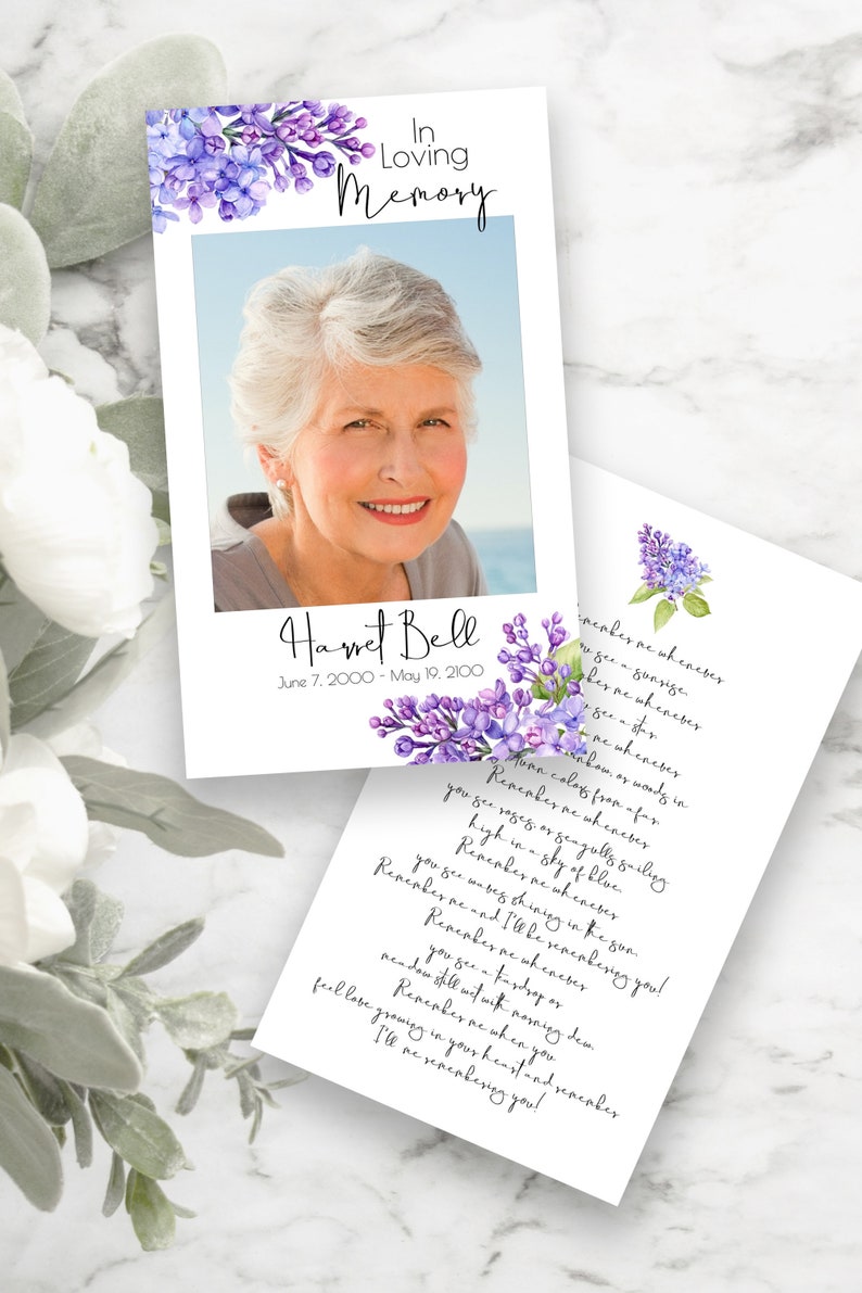 Tarjeta de oración floral lila, tarjeta conmemorativa púrpura, celebración violeta de la vida, tarjeta de poema funerario, plantilla Corjl editable PPF2021LPB SHAE imagen 6
