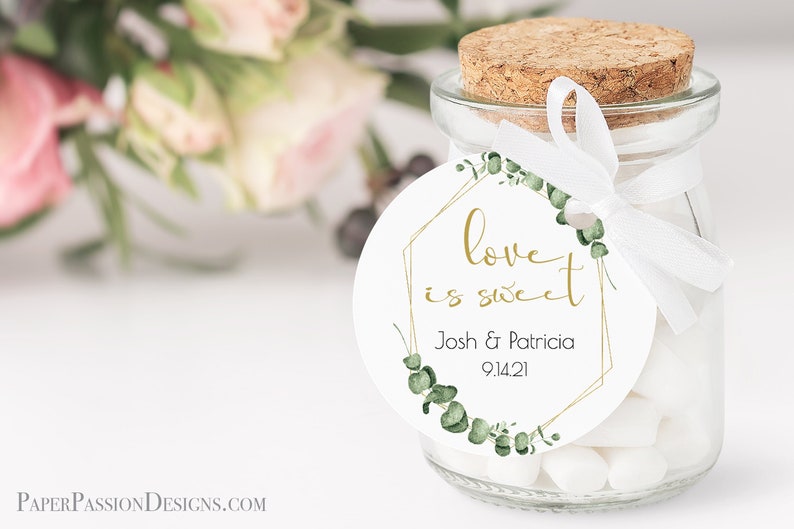 Gold Greenery Love is Sweet Favor Tag, Wedding and Bridal Circle Sticker Template, Shower Label Template, Printable Editable, PPW0445 image 1