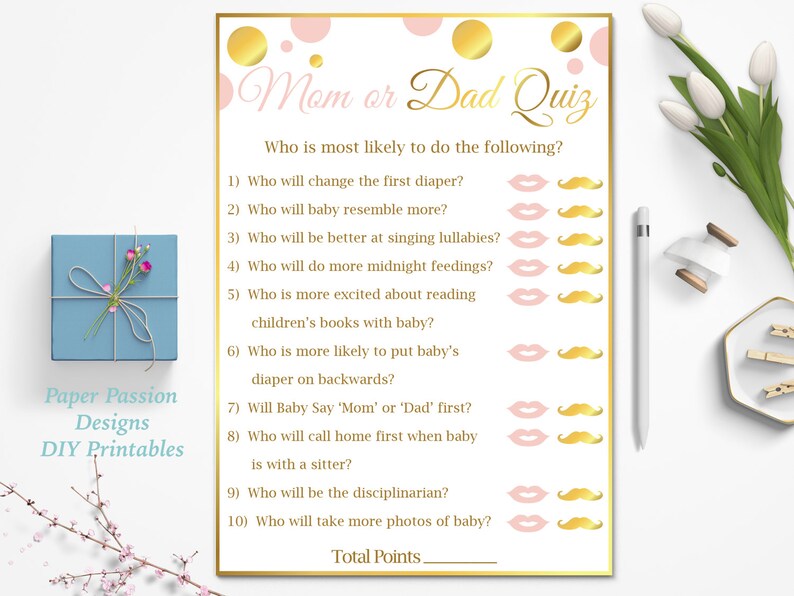 Mom vs Dad Quiz Pink and Gold Baby Shower Game Baby Girl Etsy