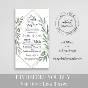 Wedding Rehearsal Dinner Invite, The Night Before Electronic Invitation, Evite, Digital, Text Message, Gold and Greenery, Template CEDAR-N4 image 2