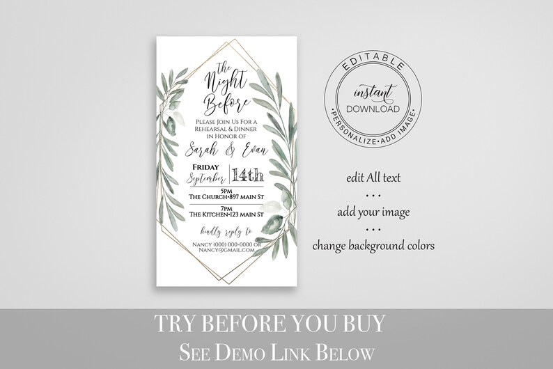 Wedding Rehearsal Dinner Invite, The Night Before Electronic Invitation, Evite, Digital, Text Message, Gold and Greenery, Template CEDAR-N4 image 2