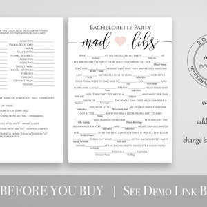 Bachelorette Party Mad Libs Template, Bridal Shower Game, Rustic Modern ...