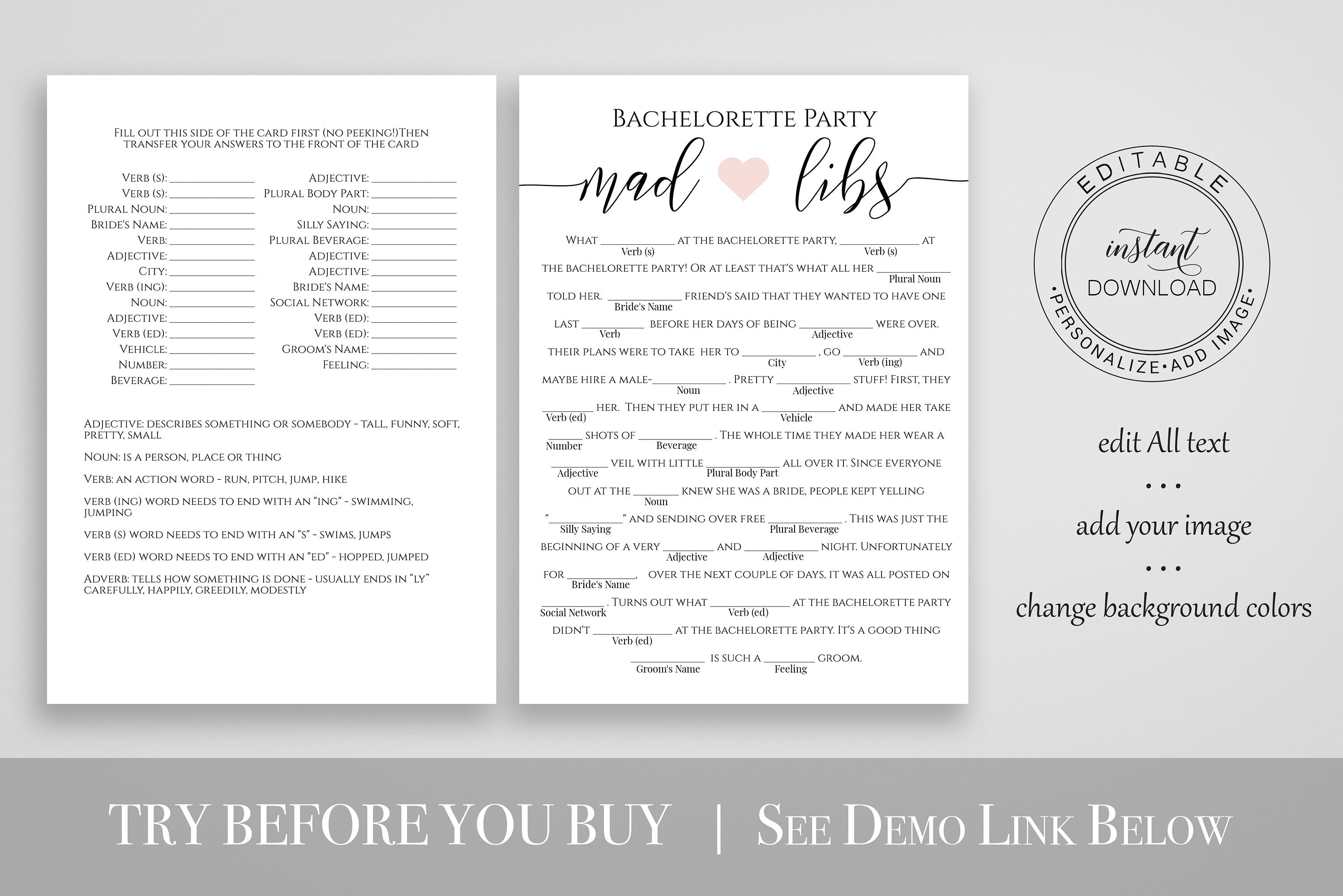 Bachelorette Party Mad Libs Template Bridal Shower Game | Etsy