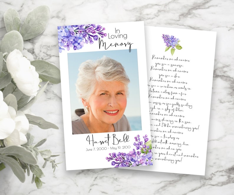 Tarjeta de oración floral lila, tarjeta conmemorativa púrpura, celebración violeta de la vida, tarjeta de poema funerario, plantilla Corjl editable PPF2021LPB SHAE imagen 1