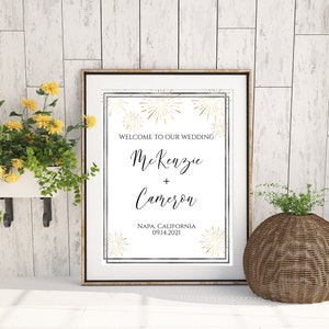 Gold and Silver Wedding Welcome Sign, Wedding Sign, Ceremony Display, Easel Sign, Gold Sunburst Fireworks Template Editable Corjl PPW-NY21 image 3