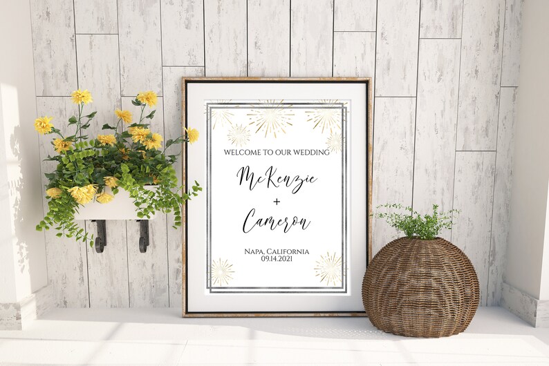 Gold and Silver Wedding Welcome Sign, Wedding Sign, Ceremony Display, Easel Sign, Gold Sunburst Fireworks Template Editable Corjl PPW-NY21 image 3