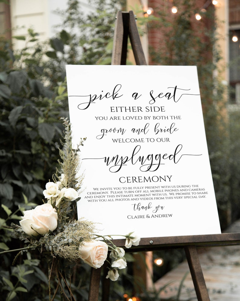 Pick a Seat Unplugged Wedding Ceremony Sign, No Pictures, No Photos Please, Wedding Welcome Sign Template 100% Editable PPW0550 Grace image 2