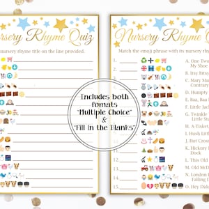 Emoji Nursery Rhyme Quiz ~ Blue and Gold Baby Shower ~ Baby Boy Star ~ Printable Game 31GldBStar