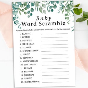 Baby Word Scramble, Greenery Eucalyptus Baby Shower Game, Green Foliage Gender Neutral Theme, Printable Game PPB0440 image 5