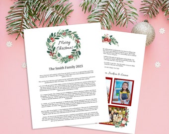 Photo Christmas Letter Template, Year in Review, Christmas Newsletter, Red Floral Greenery Design, Instant Download 100% Editable PPC-19