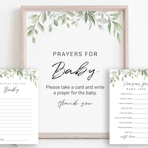 Gebeden voor babykaart en teken, babyshowerspellen, babyadvieskaart, modern groen minimalistische babyshower, bewerkbare afdrukbare PPB555 ASHER
