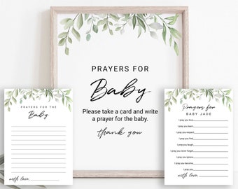 Prayers for Baby Card and Sign, Baby Shower Games, Baby Advice Card, Modern Greenery Minimalist Baby Shower, Editable Printable PPB555 ASHER