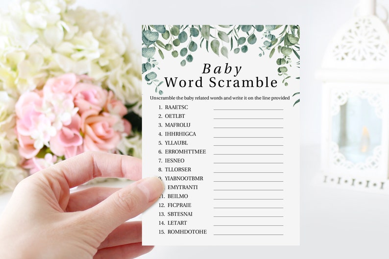 Baby Word Scramble, Greenery Eucalyptus Baby Shower Game, Green Foliage Gender Neutral Theme, Printable Game PPB0440 image 1