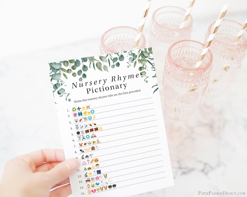 Emoji Nursery Rhyme Quiz Greenery Eucalyptus Baby Shower Game Green Foliage Gender Neutral Theme Printable Game PPB0440 image 3