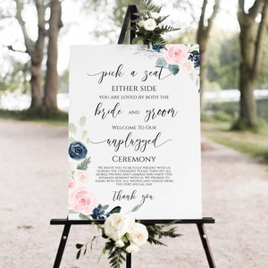 Unplugged Wedding Ceremony Sign, Pink and Blue Floral Pick a Seat Sign, 100% Editable PPW265 OLEA image 6