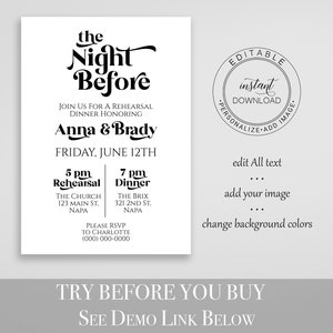 Retro Rehearsal Dinner Invitation Template, Wedding Invite, The Night Before Editable Printable Invitation PPW74 image 2