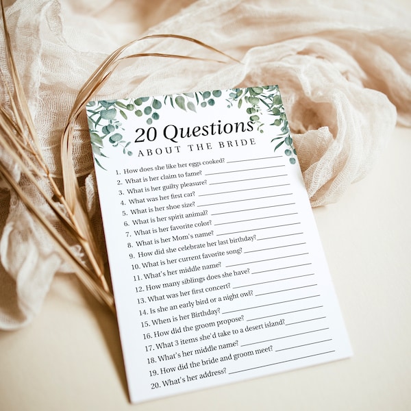 Eucalyptus Bridal Shower Game 20 Questions About the Bride |  Printable Template | Bridal Shower | Wedding PPW0440