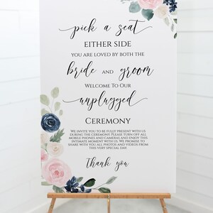 Unplugged Wedding Ceremony Sign, Pink and Blue Floral Pick a Seat Sign, 100% Editable PPW265 OLEA image 3