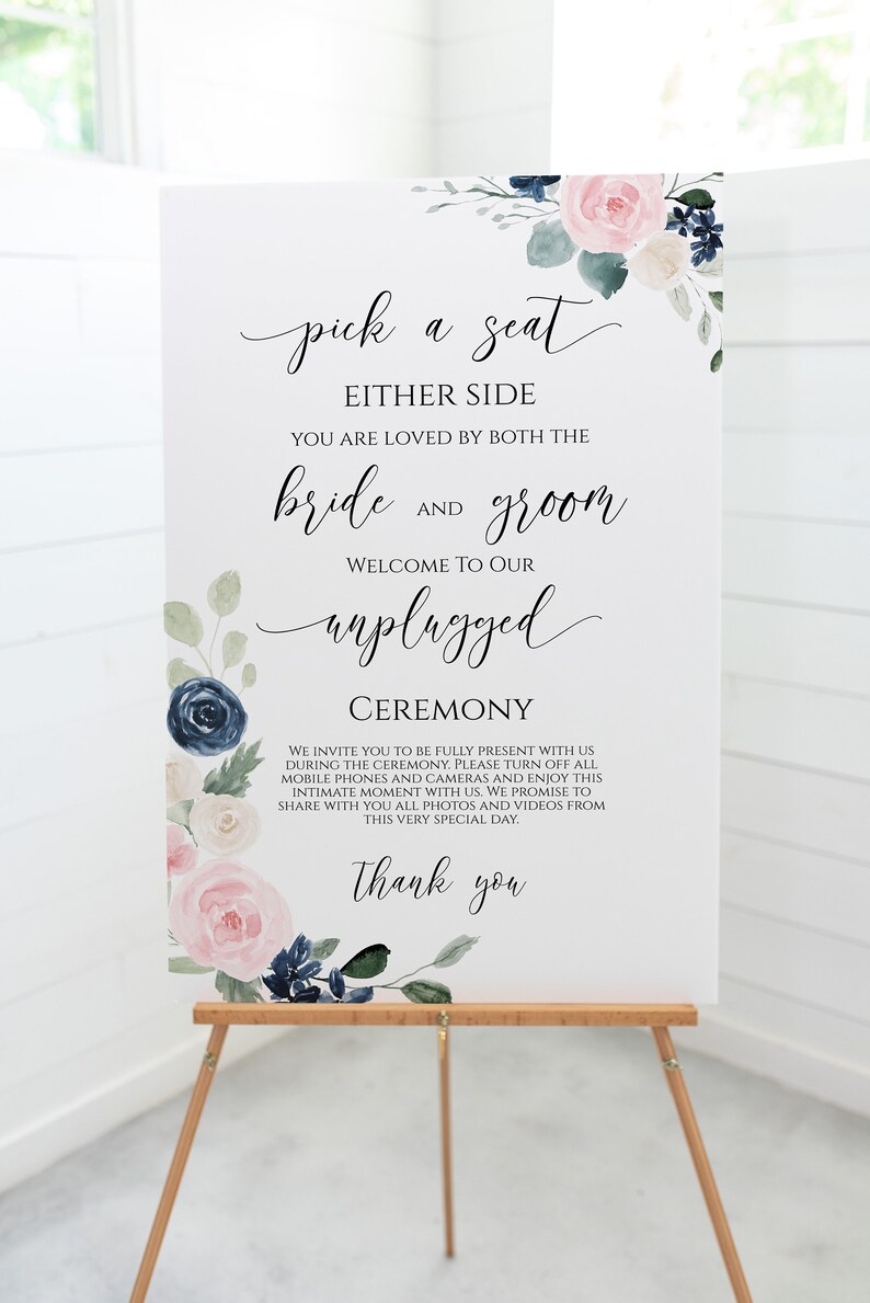 Unplugged Wedding Ceremony Sign, Pink and Blue Floral Pick a Seat Sign, 100% Editable PPW265 OLEA image 3