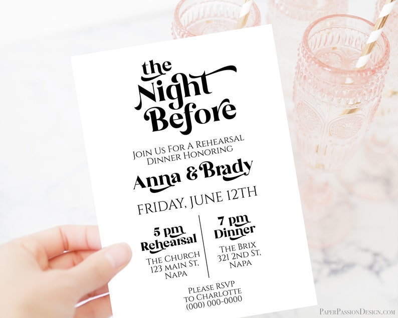 Retro Rehearsal Dinner Invitation Template, Wedding Invite, The Night Before Editable Printable Invitation PPW74 image 1