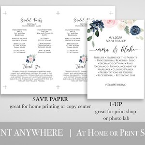 Wedding Ceremony Program Template, Pink and Blue Floral Program, Printable, Personalized, 100% Editable PPW265 OLEA image 5