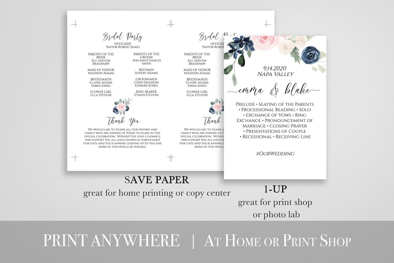 Wedding Ceremony Program Template, Pink and Blue Floral Program, Printable, Personalized, 100% Editable PPW265 OLEA image 5