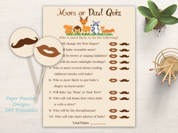 Mom or Dad Quiz Cards with Mustache and Lip Cutouts Set of 20 Baby Girl Pink Baby Shower Game