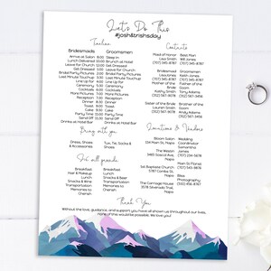 Wedding Party Timeline & Itinerary, Groomsmen, Bridesmaid, Wedding Day Plan, Winter Mountain Range, Printable Template, Corjl ANDES PPW420 image 1