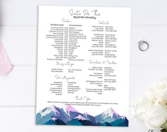 Wedding Party Timeline & Itinerary, Groomsmen, Bridesmaid, Wedding Day Plan, Winter Mountain Range, Printable Template, Corjl ANDES PPW420