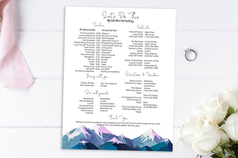 Wedding Party Timeline & Itinerary, Groomsmen, Bridesmaid, Wedding Day Plan, Winter Mountain Range, Printable Template, Corjl ANDES PPW420 image 1