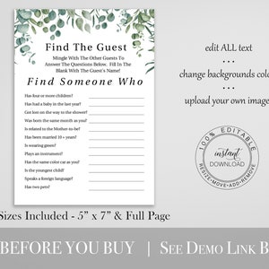 Greenery Find the Guest Game Template, Baby Shower Printable Editable PPB0440 image 2