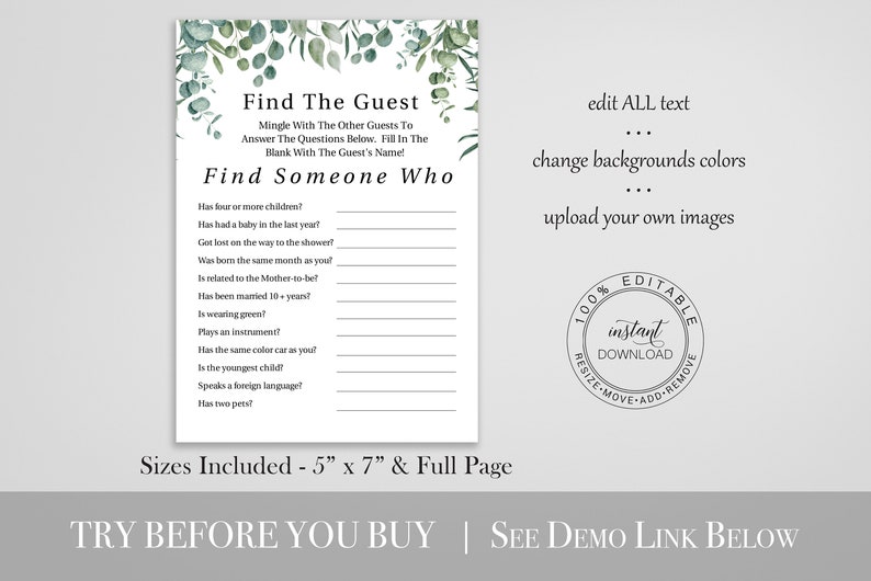 Greenery Find the Guest Game Template, Baby Shower Printable Editable PPB0440 image 2