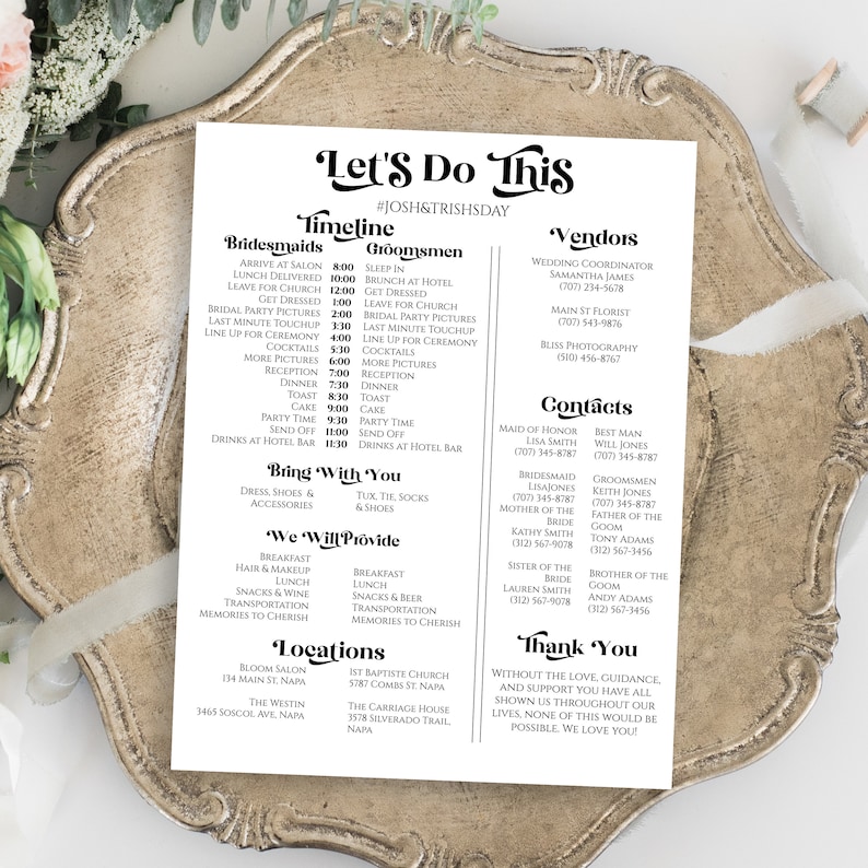 Wedding Party Timeline Template, Wedding Day Schedule Printable , Modern Retro Agenda, Pesonalize Editable PPW74 image 1