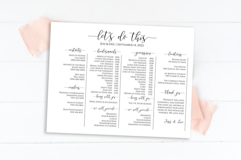Wedding Party Timeline, Printable Wedding Day Schedule, Groomsmen Itinerary, Bridesmaid Agenda 100% Editable, Landscape Format PPW0550 Grace image 1