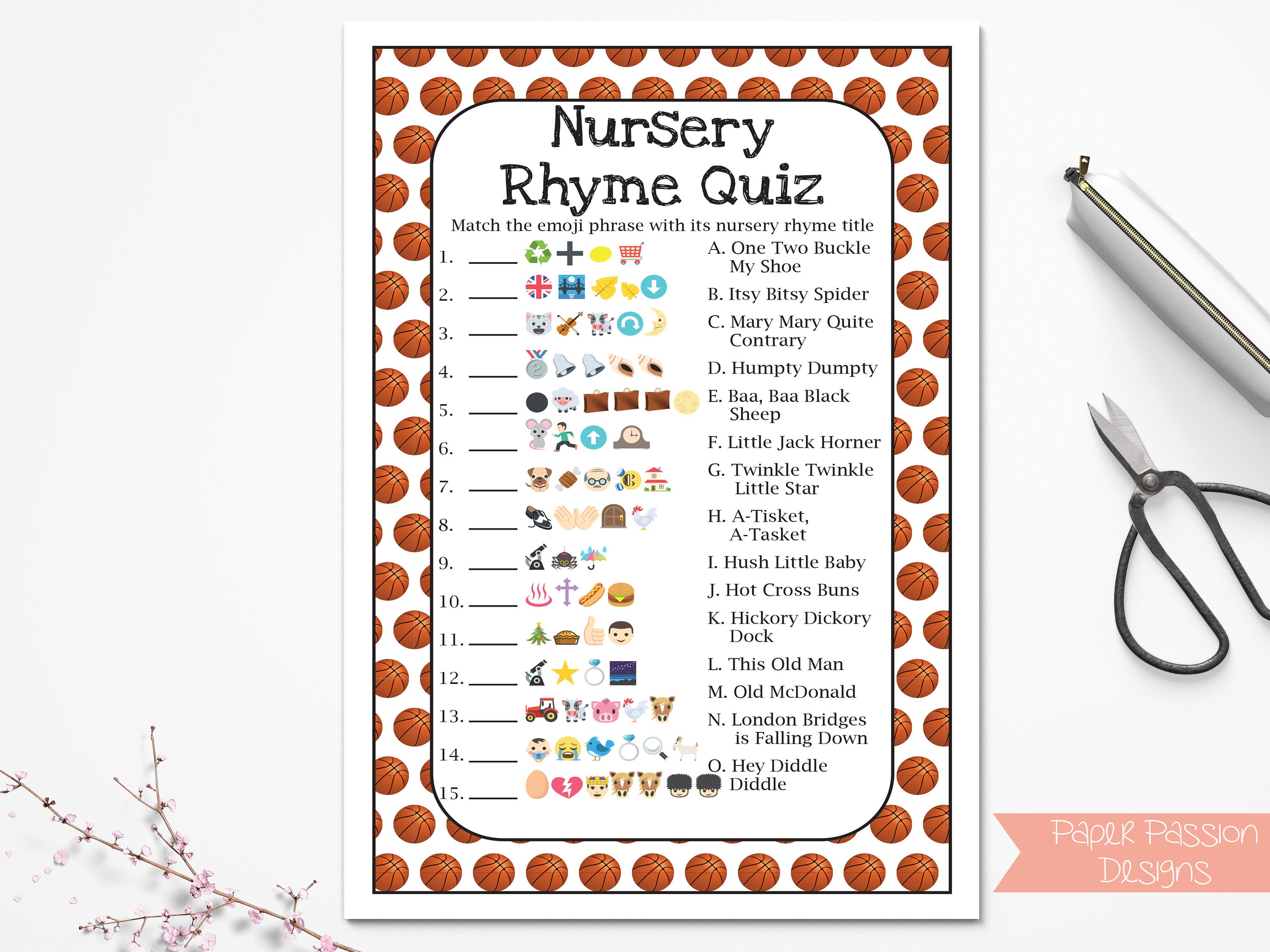 Basketball Theme Nursery Rhyme Quiz Baby Shower Game Sport Etsy