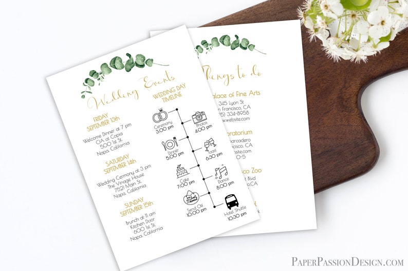 Gold Frame Greenery Wedding Weekend Schedule of Events Timeline, Out of Town Guests Things To Do Printable Editable PPW0445 image 1