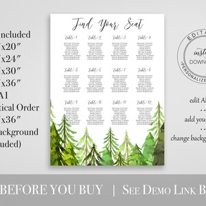 Wedding Seating Chart Display Template, Tree Forest Printable Table Seating, Wedding Seating, Editable Template, Corjl LINDEN PPW410 image 2