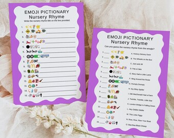 Baby Shower Pictionary Game, Purple Theme Emoji Nursery Rhyme Quize Instant Download Printable 25107