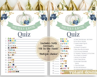 Sweet Pumpkin Emoji Nursery Rhymes Match Quiz ~ Blue, Green and Gold Baby Shower ~ Baby Boy Pumpkin Design ~ Printable Game PPB130B