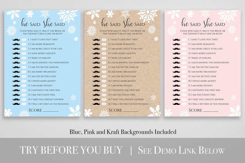 Snowflake Bridal Shower Game Template, He Said She Said Game, Editable Printable, Personalize Corjl NEVE PPW300 image 2