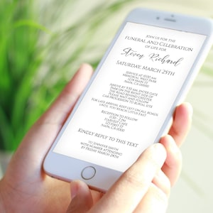 Funeral Announcement, Memorial Service Invitation, Celebration of Life, Instant Download,  Digital Evite, Editable Corjl Template F2