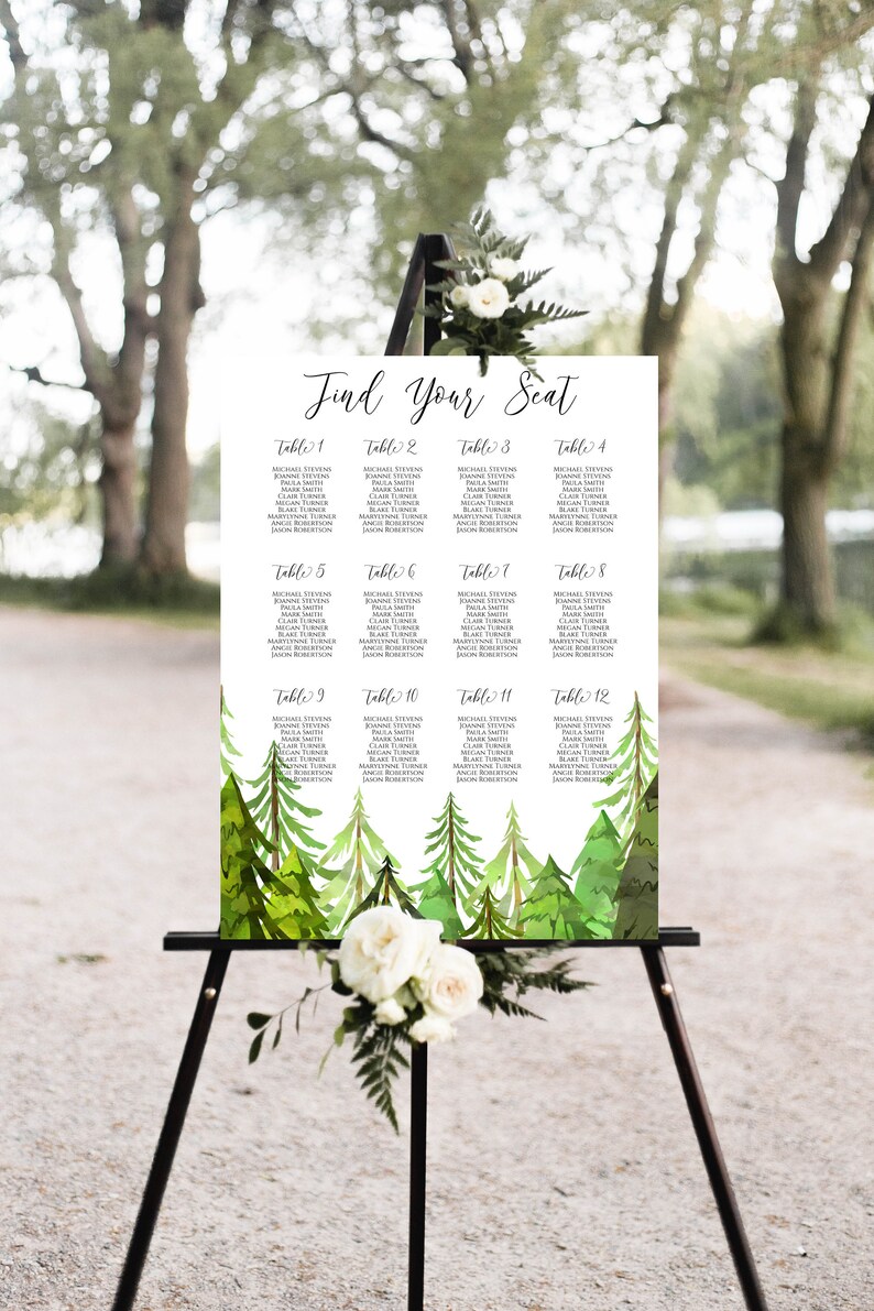 Wedding Seating Chart Display Template, Tree Forest Printable Table Seating, Wedding Seating, Editable Template, Corjl LINDEN PPW410 image 1