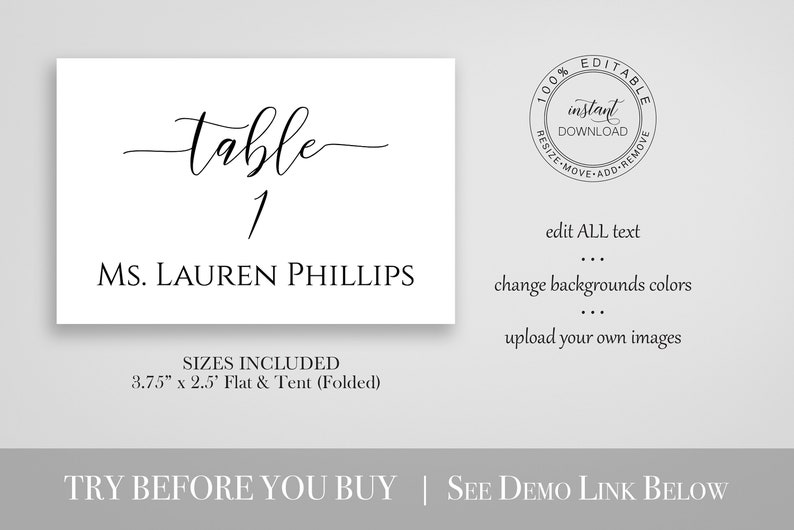 Wedding Table Place Card Template, Minimalist Elegant Design 100% Editable PPW0550 GRACE image 2