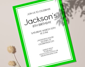 Birthday Party Invitation Template, Green Kids Birthday Theme, Editable Printable, Children's Age Birthday, Paperless Post Template 240003