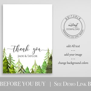 Pine Tree Thank You Card, Wedding Thank You, Printable Editable Template, Corjl LINDEN PPW410 image 2