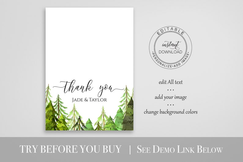 Pine Tree Thank You Card, Wedding Thank You, Printable Editable Template, Corjl LINDEN PPW410 image 2